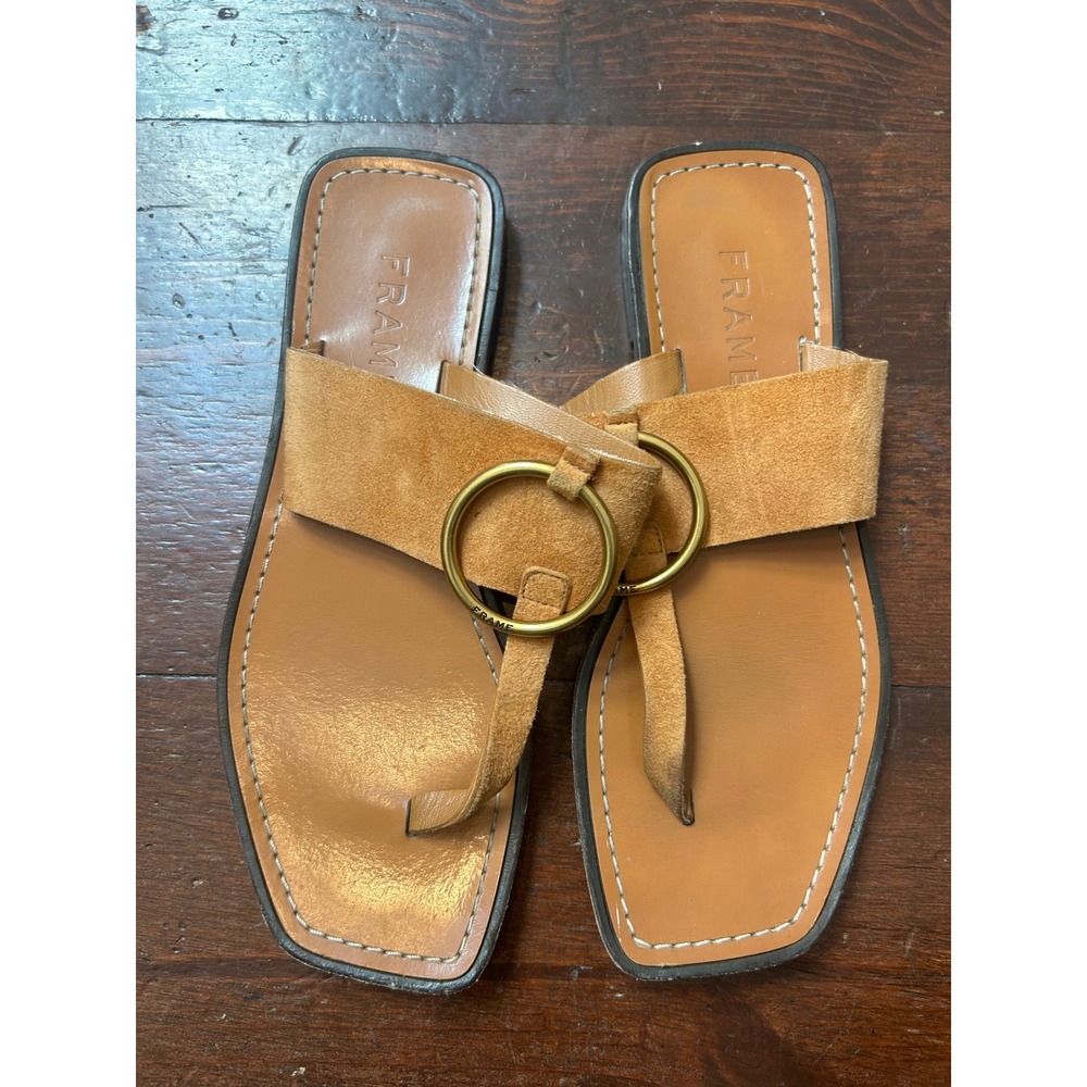 FRAME Brentwood Tan Brown Leather Suede Flat Sandals Whiskey Brown 36.5